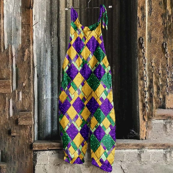 Xixinqiwan Women Mardi Gras Overalls,2025 Fancy Mardi Gras Themed Jumpsuits Loose One Piece Sleeveless Wide Leg Rompers with Pockets