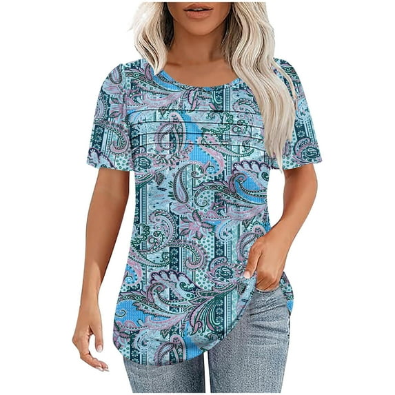 Xixinqiwan Women Tops,Women Plus Size Tops Summer Short Sleeve T Shirts Casual Round Neck Blouse Tee Light Blue 2XL