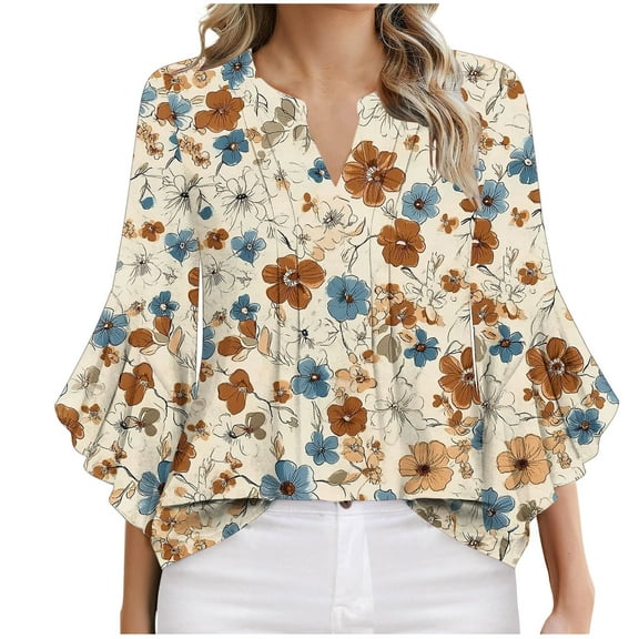 Xixinqiwan Women Tops,Women's Casual 3/4 Sleeve Shirts Summer Printed V Neck Blouses Ruffled Boho T Shirt Flowy Tunic Khaki XL