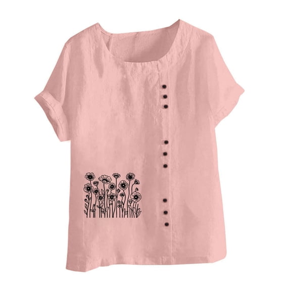 Xixinqiwan Women Tops,Women's Plus Size Summer Tops Floral Printed Crew Neck Casual Summer Blouses Shirts Pink 2XL