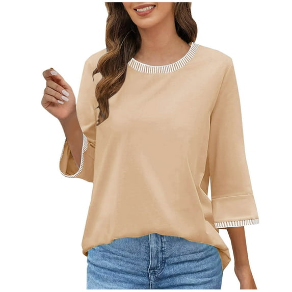 Xixinqiwan Women Tops,Womens 3/4 Sleeve T Shirts Round Neck Solid Shirts Cute Fit Summer Casual Basic Tee Tops Beige L
