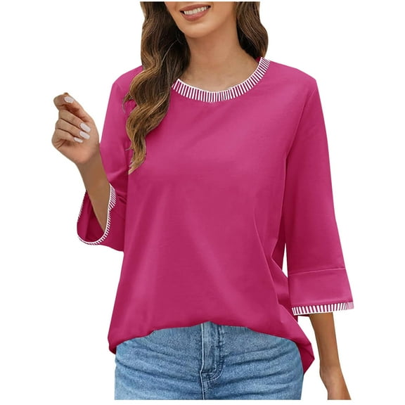 Xixinqiwan Women No Boundaries Tops,Womens 3/4 Sleeve T Shirts Round Neck Solid Shirts Cute Fit Summer Casual Basic Tee Tops Hot Pink M