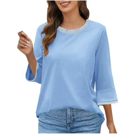 Xixinqiwan Women No Boundaries Tops,Womens 3/4 Sleeve T Shirts Round Neck Solid Shirts Cute Fit Summer Casual Basic Tee Tops Light Blue M