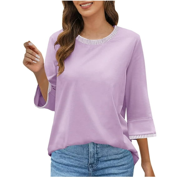 Xixinqiwan Women No Boundaries Tops,Womens 3/4 Sleeve T Shirts Round Neck Solid Shirts Cute Fit Summer Casual Basic Tee Tops Purple M