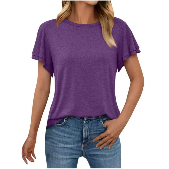 Xixinqiwan Women No Boundaries Tops,Womens Dressy Casual Tops Short Sleeve Crew Neck Shirts Elegant Solid Basic Tops Work Blouse Purple L