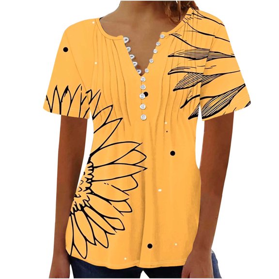 Xixinqiwan Women Tops,Womens V Neck Tops Casual Short Sleeve Pleated Blouses Vintage Flowers Printed Shirt Fashion Clothes
