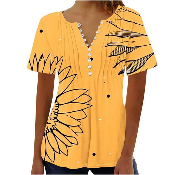 Xixinqiwan Women No Boundaries Tops,Womens V Neck Tops Casual Short Sleeve Pleated Blouses Vintage Flowers Printed Shirt Fashion Clothes 2025