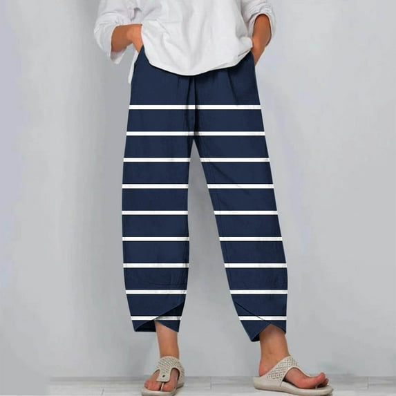 Xixinqiwan Women Pant Summer Capri Pants Soft Comfort Fashion Striped Cropped Pants Loose Fit Wide Leg Casual Capris Trousers