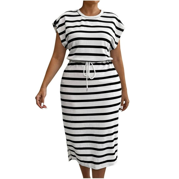 Xixinqiwan Women Plus Size Shirt Dress,Women's 2025 Summer Striped Dress Casual Sleeveless Crewneck Knit Slim Fit Bodycon Midi Dresses