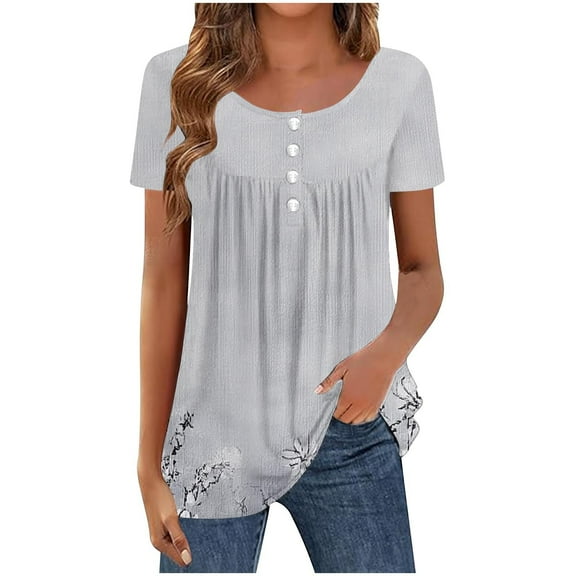 Xixinqiwan Women Plus Size Summer Tops,2025 Women's Top Scoop Neck Cap Sleeve T Button Up Shirts Tops Loose Fit Blouses Dressy Casual Summer Basic Button Up Shirts