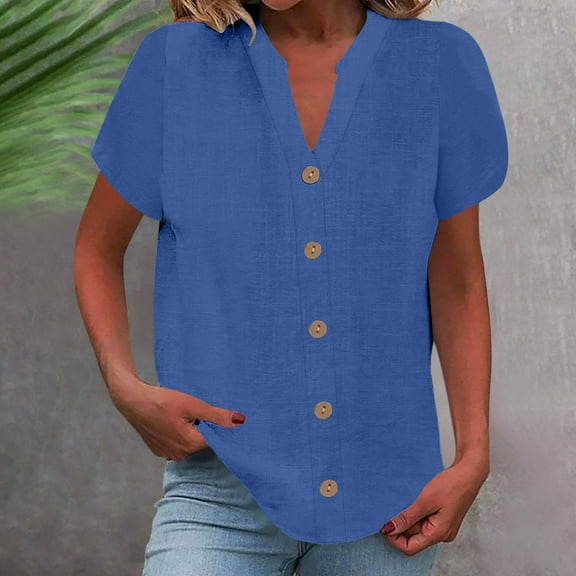 Xixinqiwan Women Plus Size Summer Tops,Womens Short Sleeve Cotton Blouse Button Down Shirt Collared V Neck Tops Shirts Business Blouses Dressy for Women