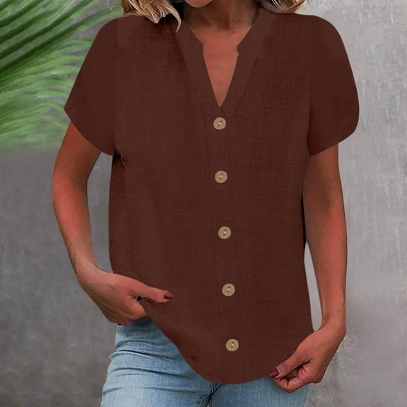 Xixinqiwan Women Plus Size Summer Tops,Womens Short Sleeve Cotton Blouse Button Down Shirt Collared V Neck Tops Shirts Business Blouses Dressy for Women