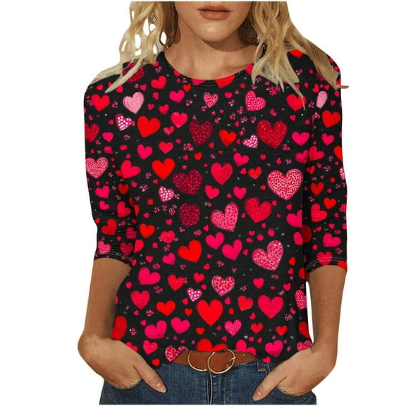 Xixinqiwan Women Plus Size Tops,Women Valentine's Day 3/4 Sleeve Round Neck Tops Loose Love Printed T-Shirt Ladies Top Gift for Her