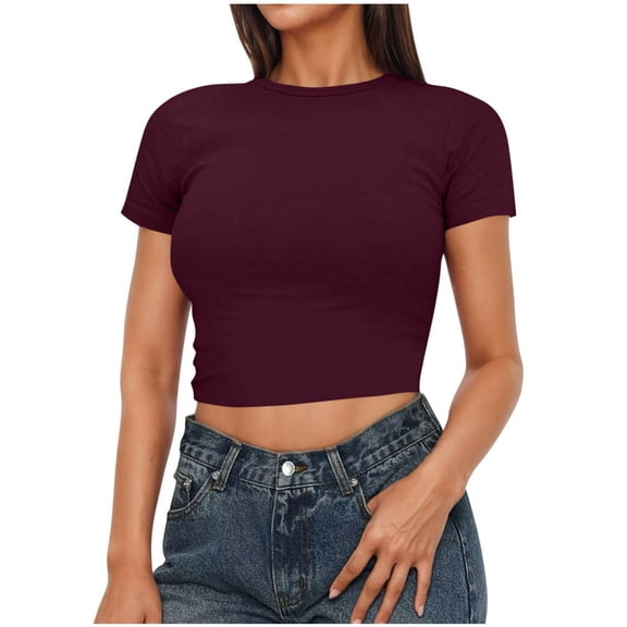 Xixinqiwan Women Shirts Short Sleeves,Women Crop Cute Trendy Basic Tight Rounk Neck Blouse Short Sleeve Tee Tops Today