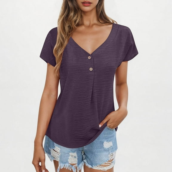Xixinqiwan Women Shirts Short Sleeves,Women's Casual V Neck Solid Color Short Sleeve Loose T-shirts Short Sleeve V Neck Trendy Going Out Tops