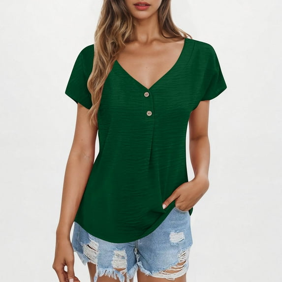 Xixinqiwan Women Shirts Short Sleeves,Women's Casual V Neck Solid Color Short Sleeve Loose T-shirts Short Sleeve V Neck Trendy Going Out Tops