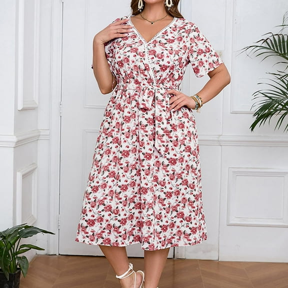 Xixinqiwan Summer Dresses for Women,Women's Floral Printed V-Neck Lace Lace Short Sleeve Elastic Waist Pocket Dresses Red XL