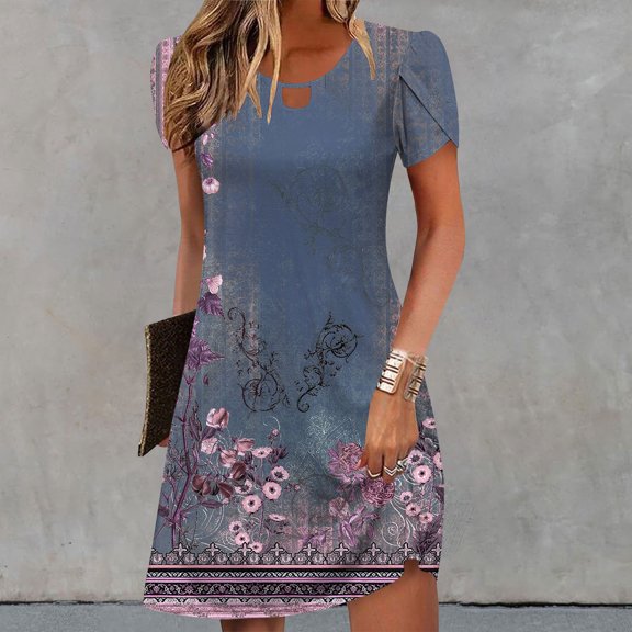 Xixinqiwan Summer Dresses for Women,Women's Summer A-Line Dress Short Sleeve Mini T Shirt Dress Casual Flowy Beach Sundresses