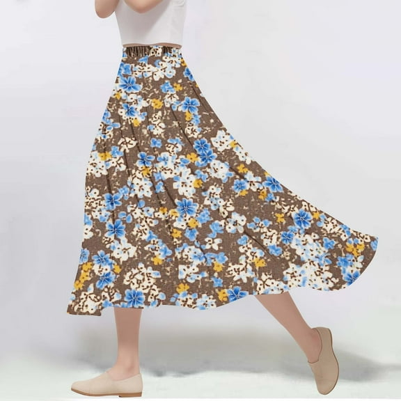 Xixinqiwan Women Summer Skirts Clearance under $5,Women Floral Print Midi Skirt Summer Beach Pleated Elastic High Waisted A Line Skirt with Pockets