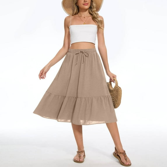 Xixinqiwan Women Summer Skirts Clearance under $5,Women's Midi Skirt Elastic High Waist A-Line Skirt Solid Pleated Tiered Casual Flowy Skirt