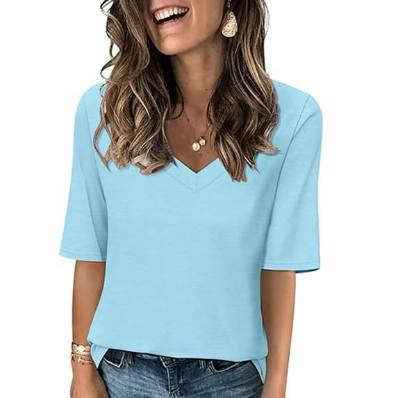 Xixinqiwan Women Tops under $10.00,2025 Women's Tunic Tops V Neck Short Sleeve T Shirts Tops Loose Fit Blouses Dressy Casual Summer Basic Shirts