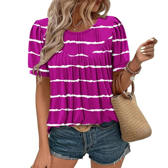 Xixinqiwan Women Tops under $10.00,Women Summer Casual Shirts Short Sleeve Striped Tunic Tops Crew Neck Tee Tshirt Blouses for Women Purple 2XL