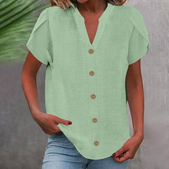 Xixinqiwan Women Tops under $10.00,Womens Work Blouses Short Sleeve Button Down Tops V Neck Collared Casual Business Plain Basic Summer Shirts