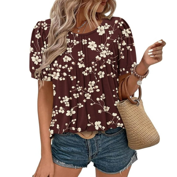 Xixinqiwan Women Tops Short Sleeves,Floral Print Blouses for Women Crewneck Short Sleeve Shirts Casual Babydoll Tops Wine 2XL