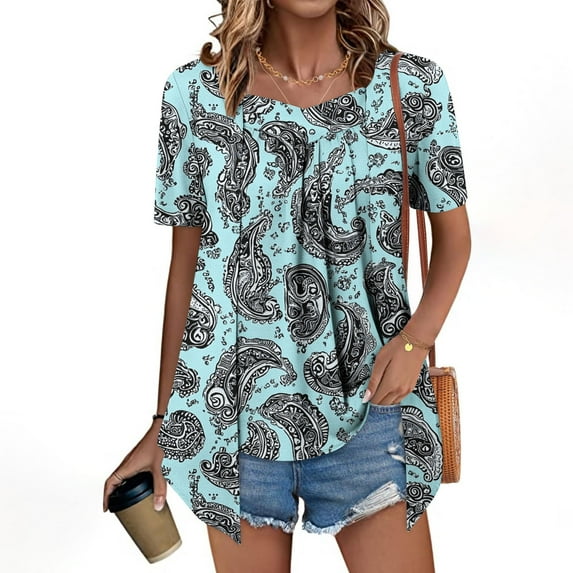 Xixinqiwan Women Tops Short Sleeves,Womens Short Sleeve Shirts Hawaiian Tropical Floral Printed Casual Vacation Tshirt Blouse Summer Tops