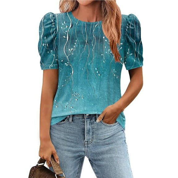 Xixinqiwan Women Tops Short Sleeves,Womens Summer Tops for 2025 Puffed Sleeves Casual Crew Neck Pleated Tops Blouses Fashion Botton Up Shirts