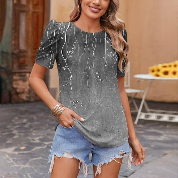 Xixinqiwan Women Tops Short Sleeves,Womens Summer Tops for 2025 Puffed Sleeves Casual Crew Neck Pleated Tops Blouses Fashion Botton Up Shirts