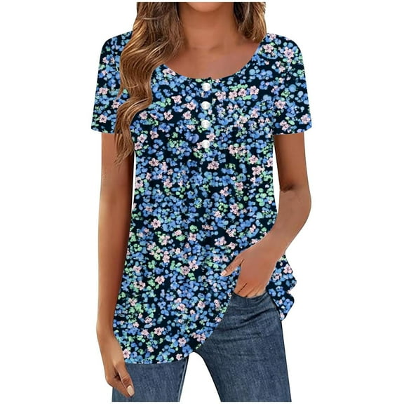 Xixinqiwan Women Tops Short Sleeves,Womens Tops Short Sleeve Pleats Tunic Shirt Button up Vintage Casual Summer Floral Blouses Tee