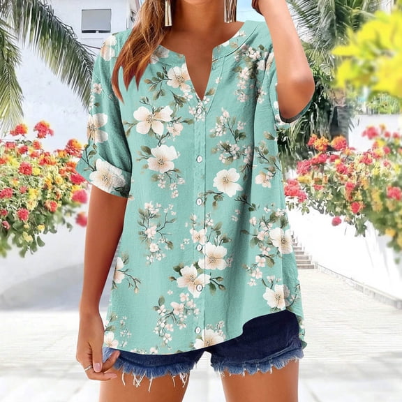 Xixinqiwan Women Tops Short Sleeves,Womens V-neck Shirt Short Sleeve Tops Casual Floral Printed Tops Spring Summer Flowers Graphic Tee