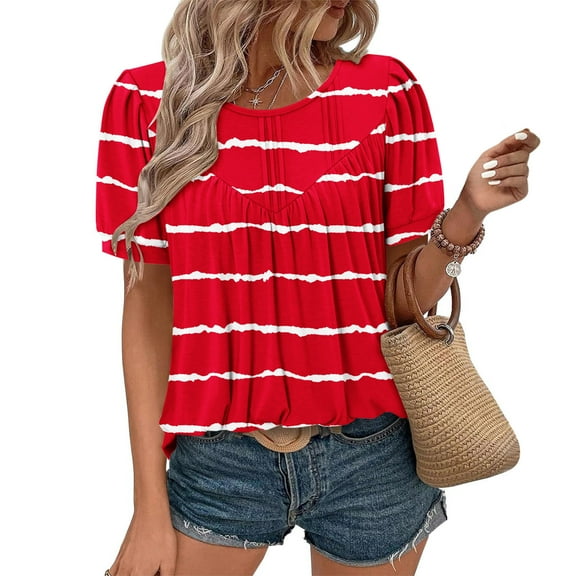 Xixinqiwan Women Tops under $10.00,Women Summer Casual Shirts Short Sleeve Striped Tunic Tops Crew Neck Tee Tshirt Blouses for Women Red M
