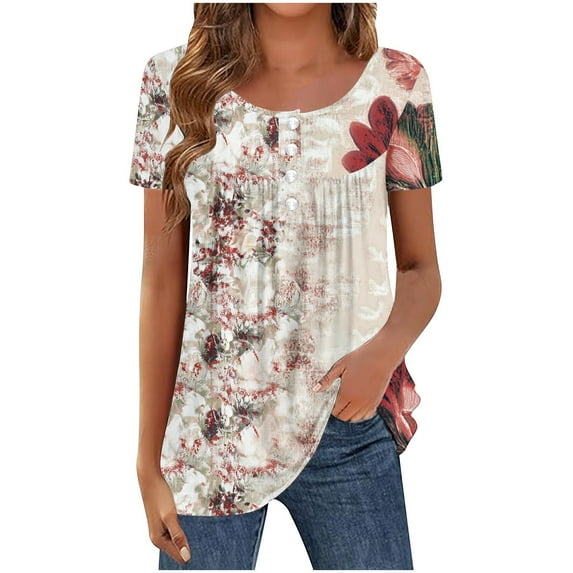 Xixinqiwan Women Tops under $10.00,Women's Casual Round Neck Tops Basic Floral Printed Short Sleeve Blouse 2025 Spring Summer Tunic Shirts