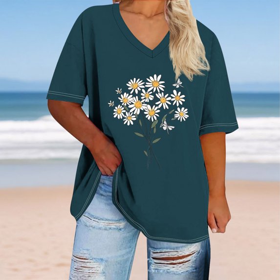 Xixinqiwan Women Tops,Women's Floral Print Tops Basic V Neck Tee Summer Short Sleeve T-Shirt Loose Fitting Casual Tops