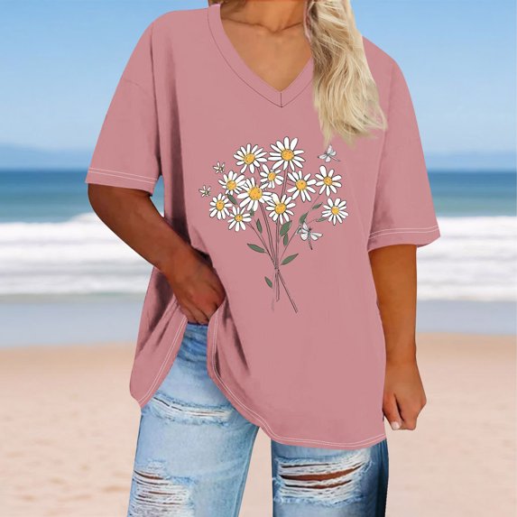 Xixinqiwan Women Tops,Women's Floral Print Tops Basic V Neck Tee Summer Short Sleeve T-Shirt Loose Fitting Casual Tops