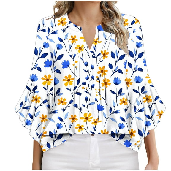 Xixinqiwan Women Tops under $10.00,Women's Plus Size Summer Tops Floral Printed V-Neck Casual Summer Blouses Shirts Blue M