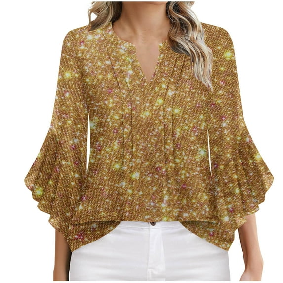 Xixinqiwan Women Tops under $10.00,Womens 3/4 Sleeve Shirts Casual Summer Tshirts Tops Dressy V-neck Fashion Spring Clothes Gold L