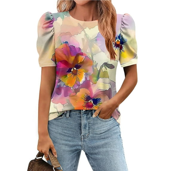 Xixinqiwan Women Tops under $10.00,Womens Tops 2025 Spring Summer Tunic Puffed Sleeves Casual Shirts Vintage Pleated Blouses Dressy Casual