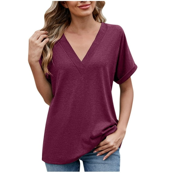 Xixinqiwan Women Tops Plus Size Shirts,Women's Fashion Casual Spring And Summer New Solid Color Big V Neck Loose Short-Sleeved T-shirts Pullover Casual Tops Clothes