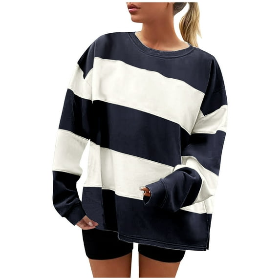 Xixinqiwan Women Tops Striped Sweatshirts Crew Neck Long Sleeve Pullover Blouse Split Hem Top