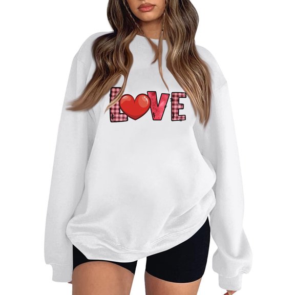 Xixinqiwan Women Valentine's Day Long Sleeve Shirt,Funny 2025 Love Heart Printed Pullover Tops Lightweight Soft Crewneck Dressy Workout Tops for Gifts