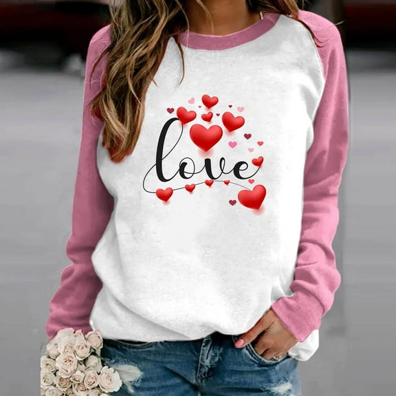 Xixinqiwan Women Valentine's Day Sweatshirt,Womens Love Heart Graphic Print Pullover Casual Long Sleeve Valentine's Day Blouse Top