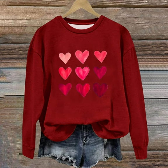 Xixinqiwan Women Valentines Day Sweatshirt,Women 2025 Happy Valentine's Day Shirts Round Neck Casual Solid Slogan Long Sleeve Pullover Sweatshirt Tops
