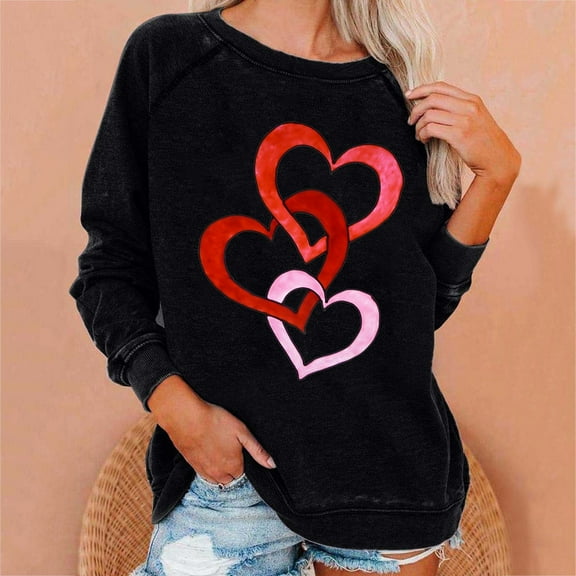 Xixinqiwan Women Valentines Day Sweatshirt,Women Valentine's Day Retro Graphic Sweater Simple Heart Printed Shirt Casual Long Sleeve Pullover Top
