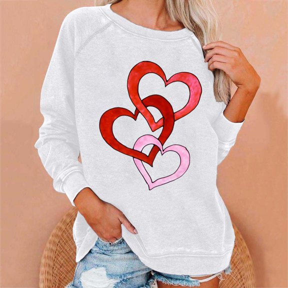 Xixinqiwan Women Valentines Day Sweatshirt,Women Valentine's Day Retro Graphic Sweater Simple Heart Printed Shirt Casual Long Sleeve Pullover Top