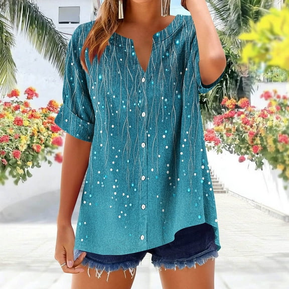Xixinqiwan Women's Boho Tops Floral Printed T Shirts V Neck Short Sleeve Summer Blouse Tunic Going Out Vacation Top
