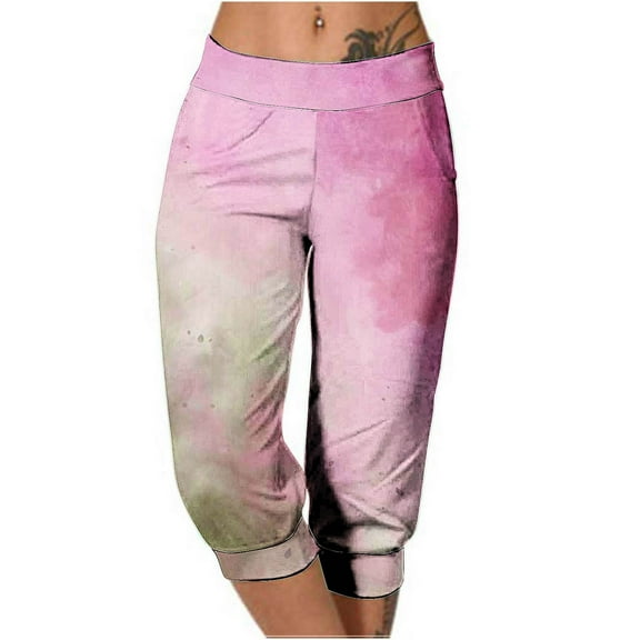 Xixinqiwan Women's Capri Yoga Pants Tie-dye Wide Leg Loose Stretch Athletic Sweatpants Causal Cropped Pajama Pants with Pockets