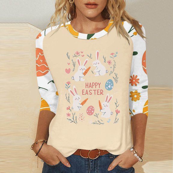 Xixinqiwan Women's Easter 3/4 Sleeve Shirt,Women Cute Bunny Easter Eggs Graphic Shirts Spring Comfortable Basic Colorful Tops Blouse